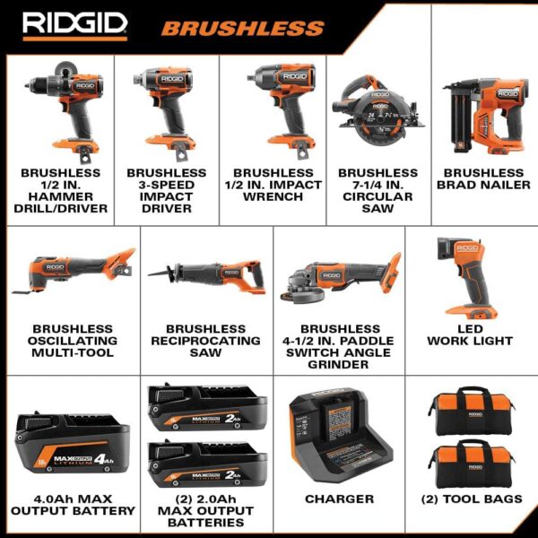 446b1c362822434a88d396347544c8cf RIDGID 18V Brushless Cordless 9-Tool Combo Kit with (2) 2.0 Ah and (1) 4.0 Ah MAX Output Batteries, Charger, and Tool Bag R96265N