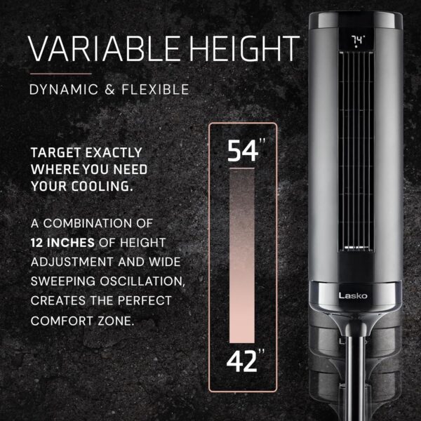 4473bf6da7be4a48a0e00fa8e76b3e13 LASKO Elevation 42”-54” Adjustable Height Pedestal Tower Fans for Home, 31 ft/s Airflow, Quiet 28 dB on Low, 90° Oscillation, 12 Hour Timer, Remote Control, Black, EST100