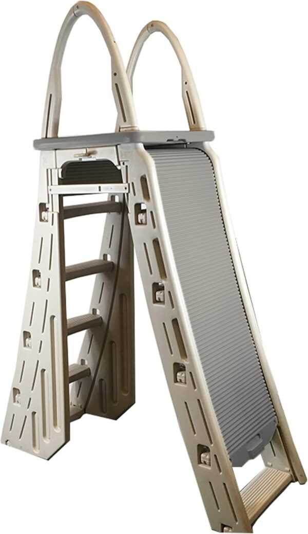 44ec57a2a6a84e0e8b44aba8b9c3a622 Confer Plastics 7200 Roll Guard 48" to 56" Adjustable A Frame Safety Ladder for Above Ground Outdoor Patio Swimming Pool Platform Ladder with Step Barrier, Warm Grey…