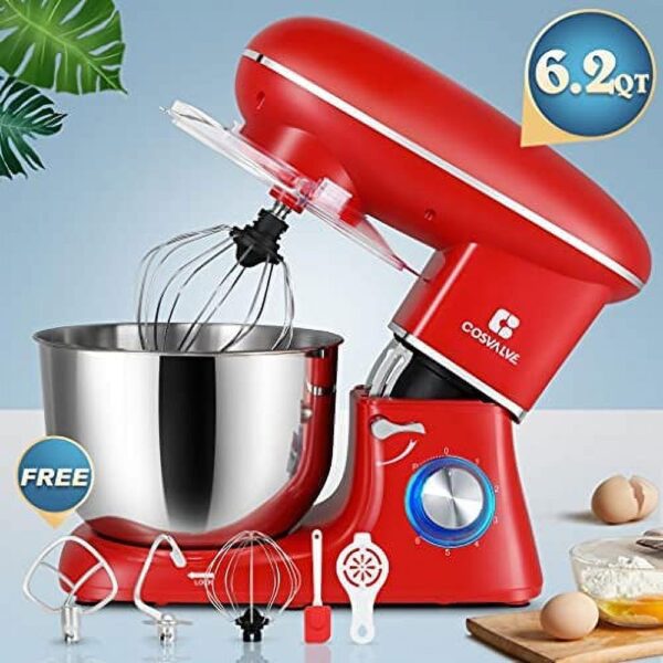 Stand Mixer, 6-Speed Electric Mixer, Tilt-Head Food Mixer with Dough Hook, Wire Whip & Beater, 6.2QT Stainless Steel Bowl, Red