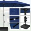 15 ft Large Patio Umbrella with Solar Lights Double-Sided Outdoor Rectangle Market Umbrellas with 36 LED Lights/Base Included/Easy Crank for Patio Garden Yard Pool Lawn, Brown