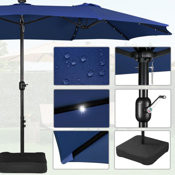 453589324b7e4c38832d7baf65d0d05c 15 ft Large Patio Umbrella with Solar Lights Double-Sided Outdoor Rectangle Market Umbrellas with 36 LED Lights/Base Included/Easy Crank for Patio Garden Yard Pool Lawn, Brown