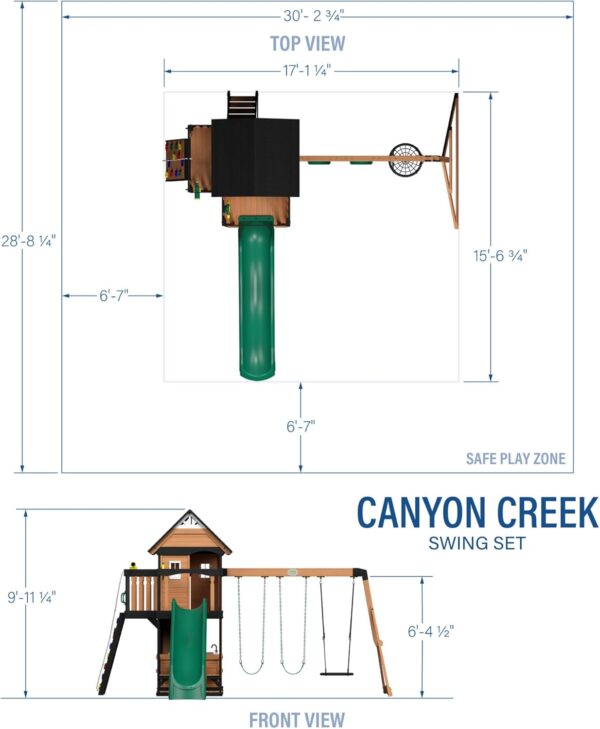 45ec7af267344a0189c135175b06b92c Backyard Discovery Canyon Creek Cedar Wood Swing Set with Wave Slide, Clubhouse, Play Kitchen, Picnic Area, Belt Swings, Web Swing, Rock Wall, Balconies, Playhouse, Step Ladder, Outdoor Playset