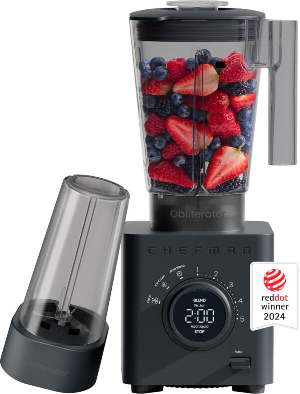 4615eebabcc148cd906a4815d6bf8fcf Chefman Obliterator 48 oz Countertop Blender for Smoothies, 1380W Motor to Crush Ice, Nuts, and Frozen Fruit with Stainless Steel Blade, Auto Blend Function, Includes 20 oz Travel Jar - Midnight