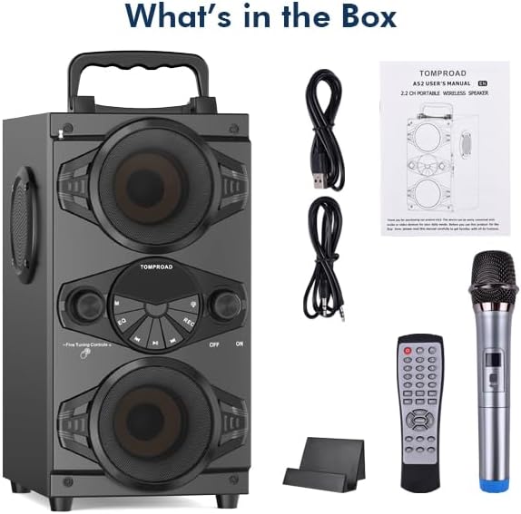 46612985dee8447da95a3844f4af1238 Speakers, 60W Portable Wireless Loud Outdoor Home Party Bluetooth Speaker with Subwoofer, FM Radio, LED Colorful Lights, Microphone, Remote and Big Powerful Stereo Deep Bass Sound Boombox