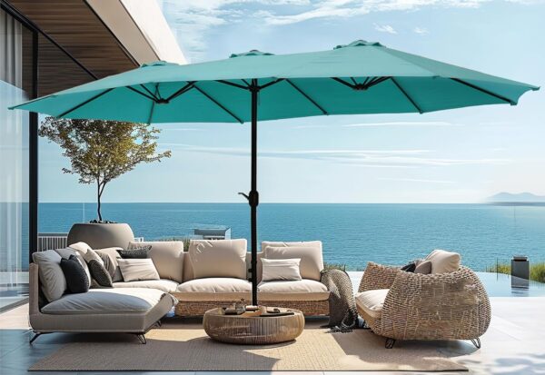 46a5d2a8442a45998c6651ede6926c7a 15ft Patio Umbrella Double-Sided Outdoor Market Extra Large Umbrella with Crank, Umbrella Base Included (Dark Red)