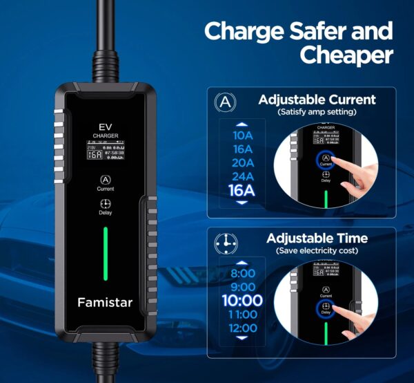 46e557fc5ca04fa8bb0b149a21b6fa1f Level 2 & Level 1 EV Charger, 16Amp 110-240V Portable J1772 Electric Car Charger with Adjustable Amp Delayed Timer 25ft Long Cord
