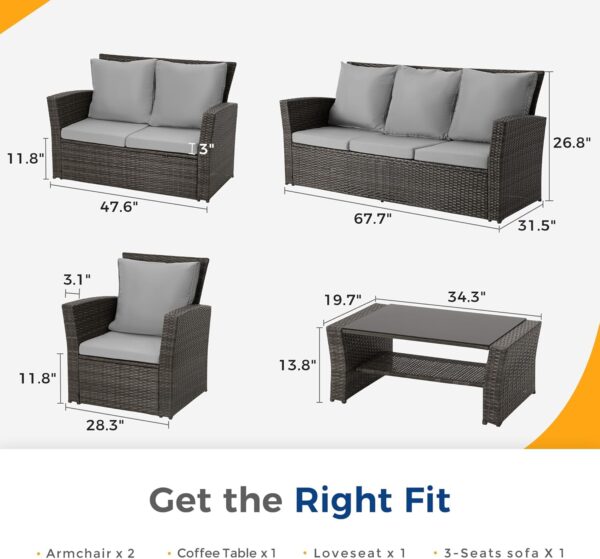 478e71d972fe43278ec624bac73a3e80 Wisteria Lane 4 Piece Outdoor Patio Furniture Sets, Wicker Conversation Set for Porch Deck, Grey Rattan Sofa Chair with Cushion (Blue