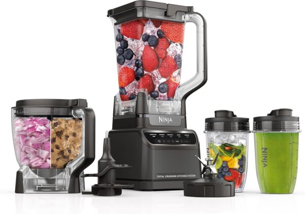 47c22cdfd5de4b5e8aea3f77a8253fff Blender, Mega Kitchen System, 1500W, 4 Functions for Smoothies, Processing, Dough, Drinks & More, with 72 Blender Pitcher, 64 Processor Bowl, 2 Nutri Cups + Lids, Black, BL770