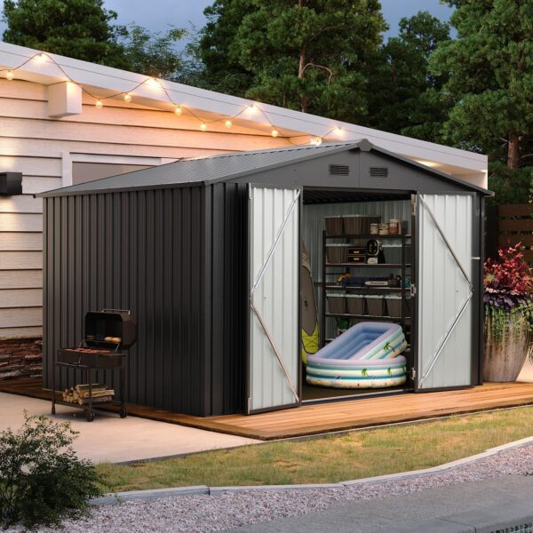 47f08e76e5184c3a85cd51bf066205cb 5x2.7 FT Outdoor Metal Storage Shed - Durable Water-Resistant Galvanized Steel, Sloping Roof Design, Lockable Door - Ideal for Tool Storage on Lawn, Patio & Backyard (Black)