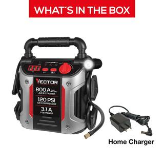 47f1adb53fd9457eae37394f3eff45dd VECTOR 800 Peak Amp Jump Starter 120 PSI Air Compressor Three USB Charging Ports Rechargeable