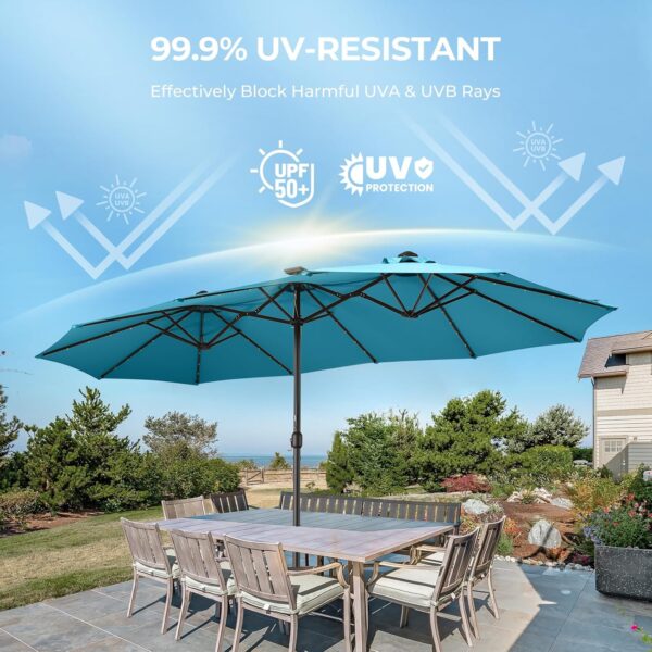 48a812422e984f57a8a5adbe70729025 Double Sided Patio Umbrellas - 15ft Solar Lights LED Lighted Outdoor Extra Large Market Table Umbrella with Base Included, Oversized Umbrella for Deck, Pool, Backyard (Beige)