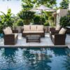 Wisteria Lane 4 Piece Outdoor Patio Furniture Sets, Wicker Conversation Set for Porch Deck, Grey Rattan Sofa Chair with Cushion （Blue