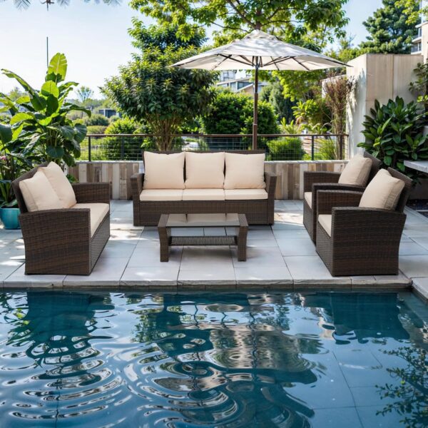 48e78cb6f173486aa8fff75dab1dd32f Wisteria Lane 4 Piece Outdoor Patio Furniture Sets, Wicker Conversation Set for Porch Deck, Grey Rattan Sofa Chair with Cushion (Blue
