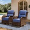 Outdoor Swivel Rocker Patio Chairs with 6-Inch Thick Cushions and Side Table, 3PCS High Back Wicker Patio Furniture Set for Porch, Balcony, Deck and Yard in Blue