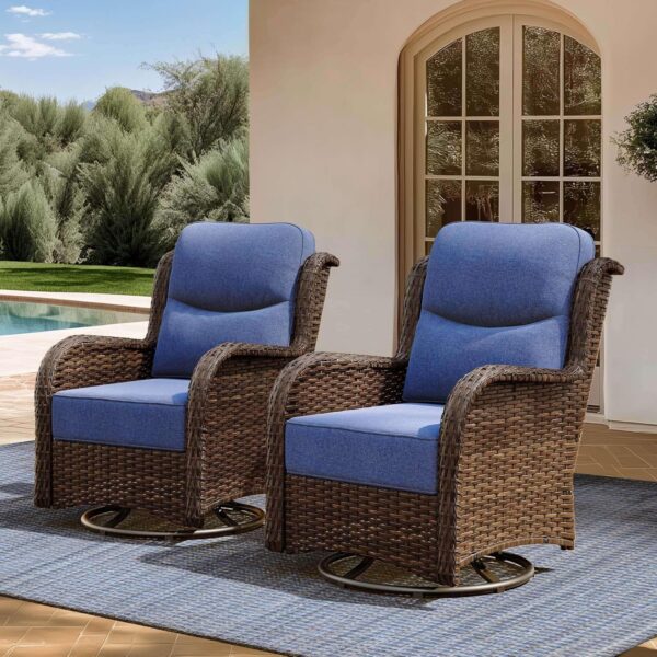 48f7922347f24fc6b9fa0db09cc614c7 Outdoor Swivel Rocker Patio Chairs with 6-Inch Thick Cushions and Side Table, 3PCS High Back Wicker Patio Furniture Set for Porch, Balcony, Deck and Yard in Blue