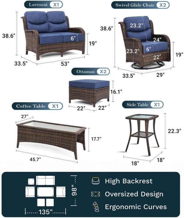 49840d2627914f59a4b1e50d791269c0 Outdoor Swivel Rocker Patio Chairs with 6-Inch Thick Cushions and Side Table, 3PCS High Back Wicker Patio Furniture Set for Porch, Balcony, Deck and Yard in Blue