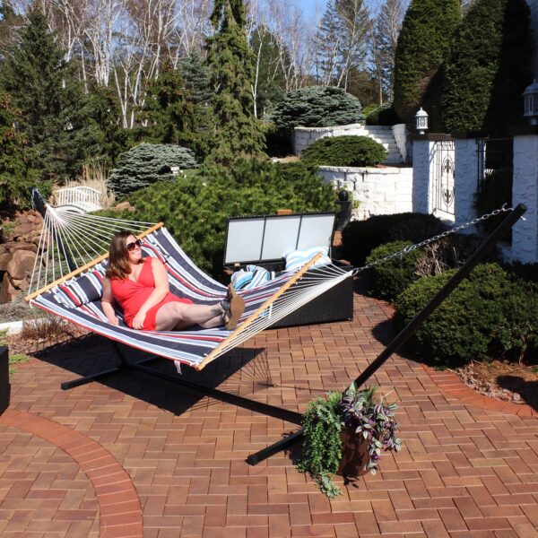 Sunnydaze 2-Person Freestanding Quilted Fabric Hammock with 15' Stand - Nautical Stripe