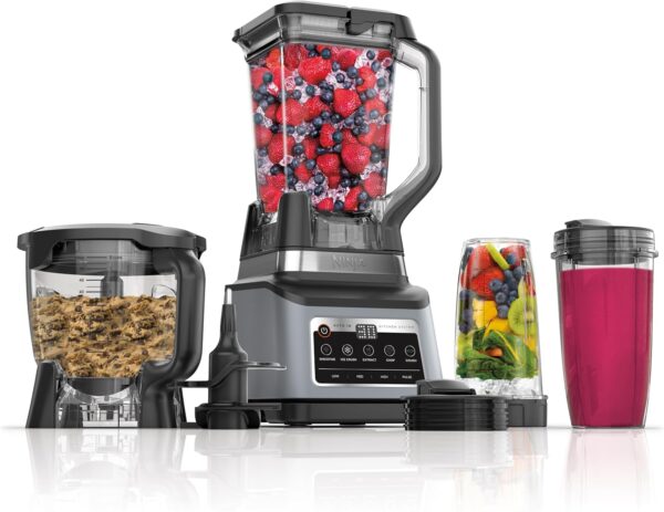 4ab4fbf68e664427a1f29b26778a9444 BN801 Professional Plus Kitchen System, 1400 WP, 5 Functions for Smoothies, Chopping, Dough & More with Auto IQ, 72-oz.* Blender Pitcher, 64-oz. Processor Bowl, (2) 24-oz. To-Go Cups, Grey