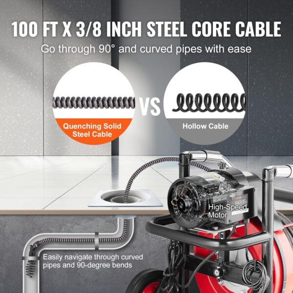 4b3ca7f2f0024fd586fed450fb72fa22 VEVOR Drain Cleaner Machine 100FT x 1/2 Inch, Auto Feed Sewer Snake Auger on Wheels, 550W Portable Drain Cleaning Machine with 8 Cutters & Air-activated Foot Switch for 2" to 4" Pipes