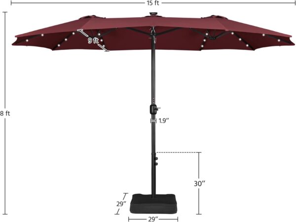 4bc07e15bde94c50a0c63d6c134dfb77 15 ft Large Patio Umbrella with Solar Lights Double-Sided Outdoor Rectangle Market Umbrellas with 36 LED Lights/Base Included/Easy Crank for Patio Garden Yard Pool Lawn, Brown