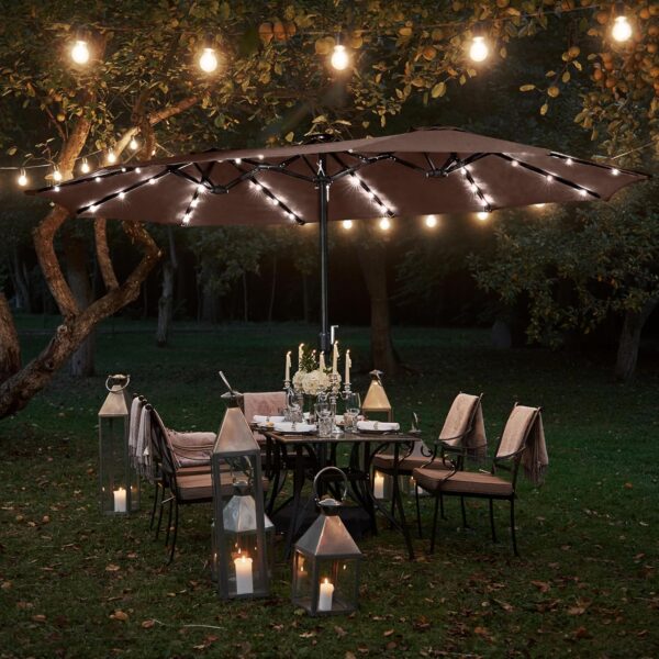 4be0e6d742e5464cac47528eb1a3d23c 15 ft Large Patio Umbrella with Solar Lights Double-Sided Outdoor Rectangle Market Umbrellas with 36 LED Lights/Base Included/Easy Crank for Patio Garden Yard Pool Lawn, Brown