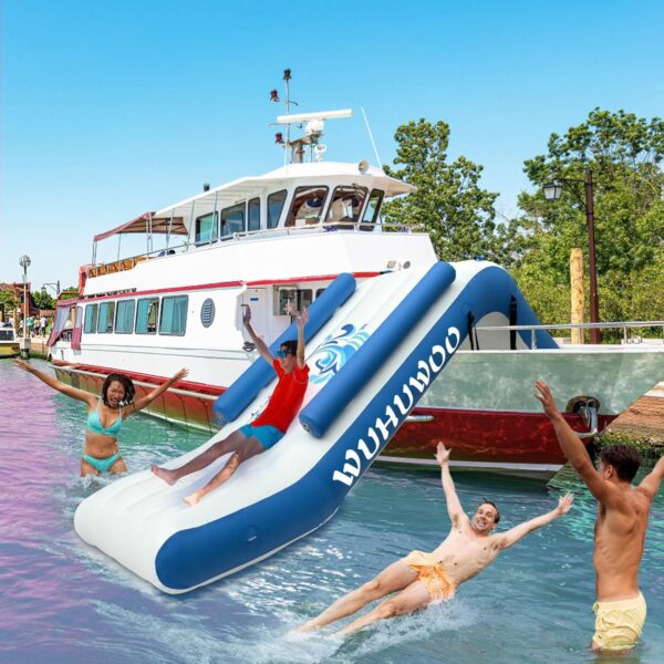 4c0c29c1b1c84fb6b3f048b04d849f3b Pontoon Waterfall Slide, Inflatable Pontoon Boat Water Slide for Kids Backyard Pool Sea, Electric Air Pump & Storage Bag