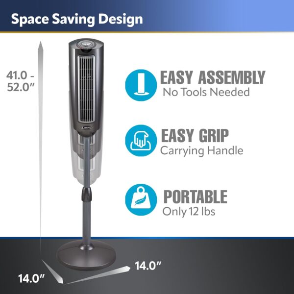 4cbb4a5fb35f47b18eaa1546dc5ba9af LASKO Elevation 42”-54” Adjustable Height Pedestal Tower Fans for Home, 31 ft/s Airflow, Quiet 28 dB on Low, 90° Oscillation, 12 Hour Timer, Remote Control, Black, EST100