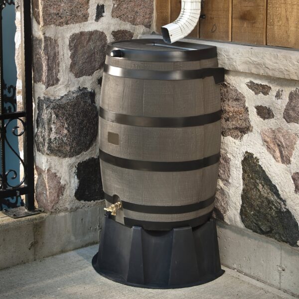 RTS Home Accents Polyethylene 50 Gallon Flat Back Brass Spigot Rain Barrel, Woodgrain with Black Stripes Color