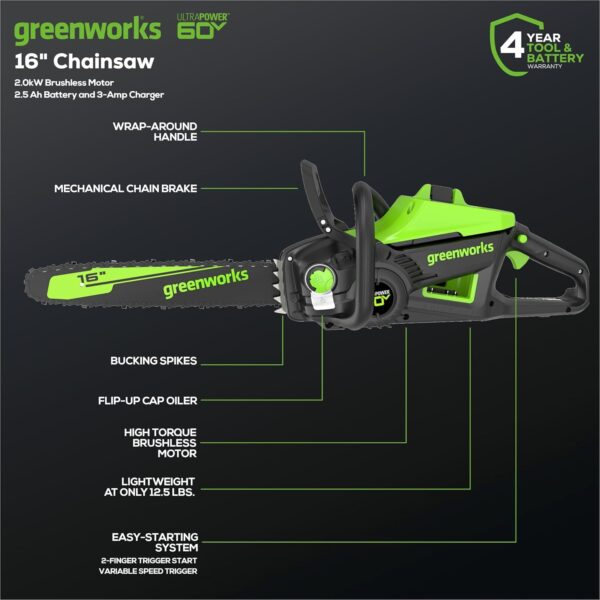 4d4f74c3b179406ea89b0c9c9611e773 40V 16" Brushless Cordless Chainsaw, 4.0Ah Battery and Charger Included