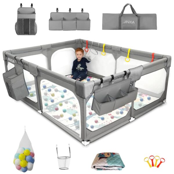 4e71e8e05e244af085ca141222a18b8f Baby Playpen with Mat 75"*59", Extra Large Playpen for Babies and Toddlers with Storage Bag, BPA-Free, Non-Toxic, Safe No Gaps Playards for Babies, Sturdy Safety Play Yard for Indoor Outdoor Fun, Grey
