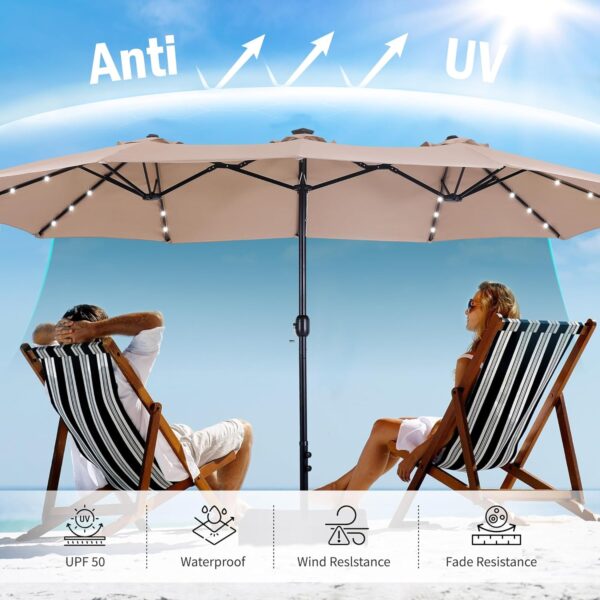 4eab67fe81a549ddbab40546a252d003 15ft Double Sided Patio Umbrella with Solar Lights, Outdoor Large Umbrellas with Crank Handle and 36 LED Lights, Rectangular Market Umbrella with Base Included for Deck Pool Shade