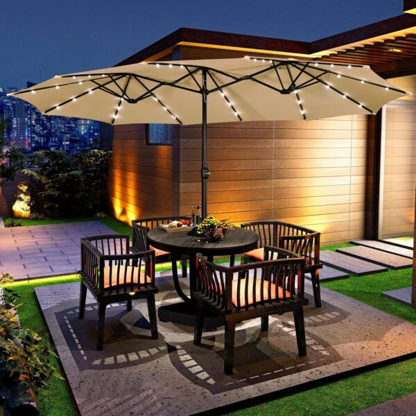 4eeb37c4793049e48b06fed95c5834a3 15 ft Large Patio Umbrella with Solar Lights Double-Sided Outdoor Rectangle Market Umbrellas with 36 LED Lights/Base Included/Easy Crank for Patio Garden Yard Pool Lawn, Brown