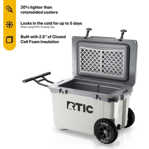 RTIC 52 QT Ultra-Light Wheeled Hard-Sided Ice Chest Cooler, White and Grey, Fits 78 Cans