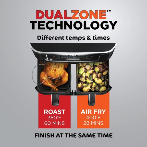 4f85f2f73a414fd2923d1d74f3f7e056 DZ401 Foodi 10 Quart 6-in-1 DualZone XL 2-Basket Air Fryer with 2 Independent Frying Baskets, Match Cook & Smart Finish to Roast, Broil, Dehydrate for Quick, Easy Family-Sized Meals, Grey