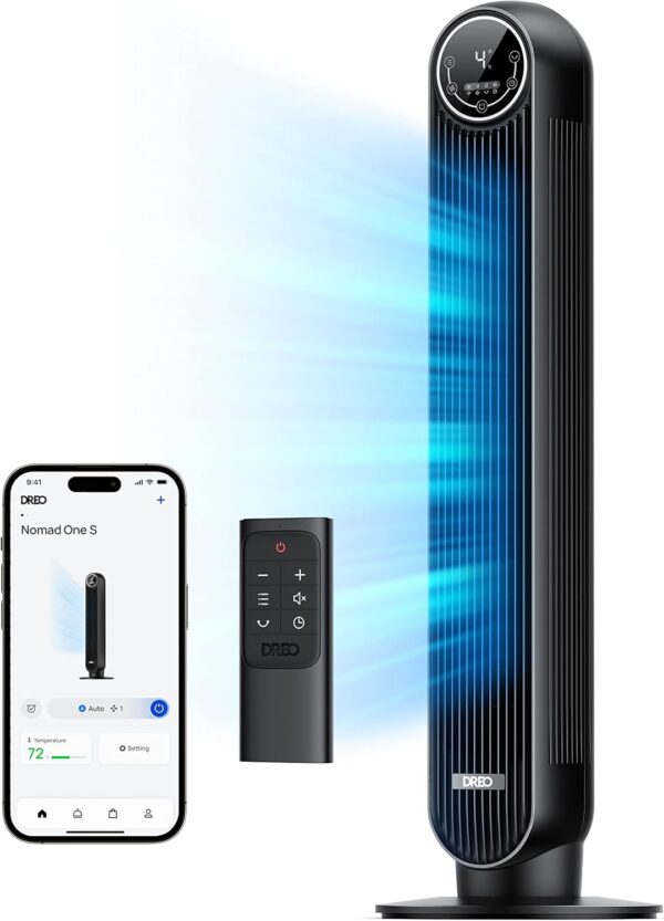 4fae331dd81942a08982fbcf3d2d1823 Dreo Tower Fan for Bedroom, 25ft/s Smart Standing Fans, 90° Oscillating Floor Fan with 4 Modes, 4 Speeds, 8H Timer, 28dB, Bladeless, Remote, 28 dB, Works with WiFi Voice Control