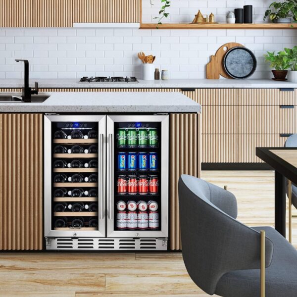 4feaedc80dad4361ba749c57b3f0d1d1 24 inch Wine Cooler, 46 Bottle - Dual Zone Built-in or Freestanding Fridge with Stainless Steel Reversible Glass Door, for Home, Kitchen, or Office.