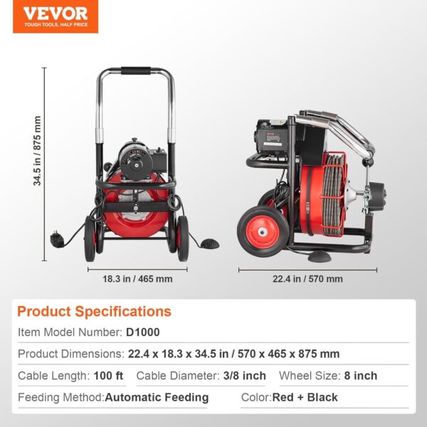 4ffd3dc0185a4a9588696d922da05921 VEVOR Drain Cleaner Machine 100FT x 1/2 Inch, Auto Feed Sewer Snake Auger on Wheels, 550W Portable Drain Cleaning Machine with 8 Cutters & Air-activated Foot Switch for 2" to 4" Pipes