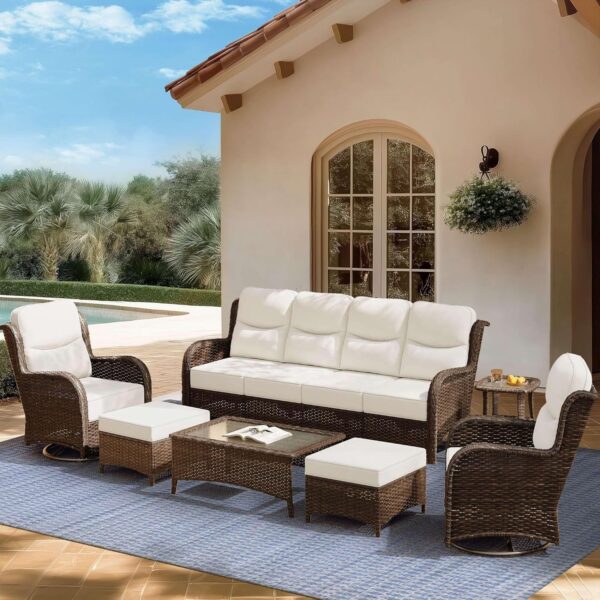 5083a4f4756b4b6a9ec2403e27006009 Outdoor Swivel Rocker Patio Chairs with 6-Inch Thick Cushions and Side Table, 3PCS High Back Wicker Patio Furniture Set for Porch, Balcony, Deck and Yard in Blue