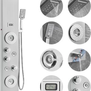 Shower Panel System, 6 Shower Modes, LED & Display Shower Panel Tower, Rainfall, Waterfall, 4 Body Massage Jets, Tub Spout, Handheld Shower Head 59" Hose, Stainless Steel Wall-Mounted Shower Set