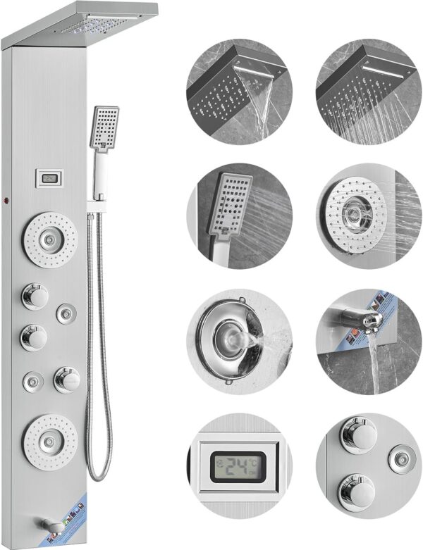 508c927abbc34e0f9ddf42ed73efbe8f Shower Panel System, 6 Shower Modes, LED & Display Shower Panel Tower, Rainfall, Waterfall, 4 Body Massage Jets, Tub Spout, Handheld Shower Head 59" Hose, Stainless Steel Wall-Mounted Shower Set