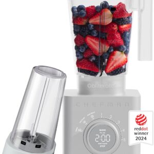 Chefman Obliterator 48 oz Countertop Blender for Smoothies, 1380W Motor to Crush Ice, Nuts, and Frozen Fruit with Stainless Steel Blade, Auto Blend Function, Includes 20 oz Travel Jar - Midnight