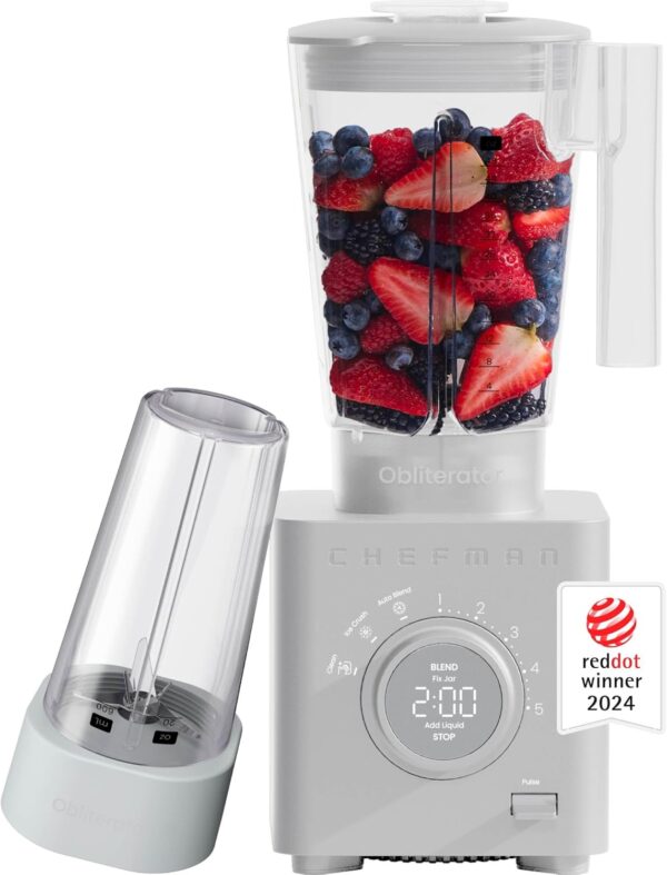 50be3d8cc35f4aa99c608e932775f612 Chefman Obliterator 48 oz Countertop Blender for Smoothies, 1380W Motor to Crush Ice, Nuts, and Frozen Fruit with Stainless Steel Blade, Auto Blend Function, Includes 20 oz Travel Jar - Midnight