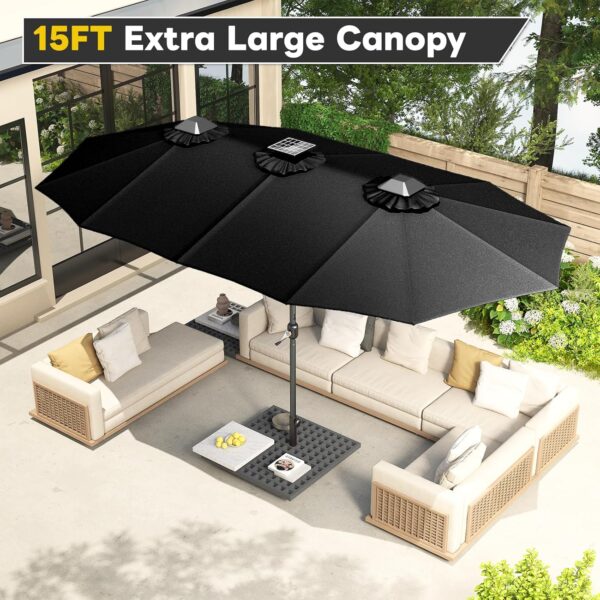 52b22cad542a445183320f2f1f55eef3 15ft Patio Umbrella with Solar Lights, Large Double Umbrella Outdoor, Rectangle 180''x106'' Umbrellas with 156 PCS LED Lights and Crank Handle for Backyard Deck Pool Shade in Black(1.9" Pole)