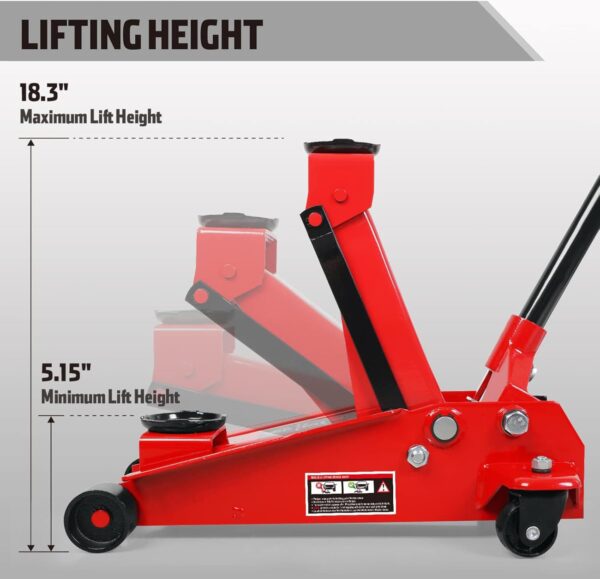 52ed19567e6641f2b44008d777bda9df 3 Ton Low Profile, Aluminum and Steel Racing Floor Jack with Dual Pistons Quick Lift Pump for Sport Utility Vehicle, Lifting Range 3-15/16" min to 18-5/16" max, Red