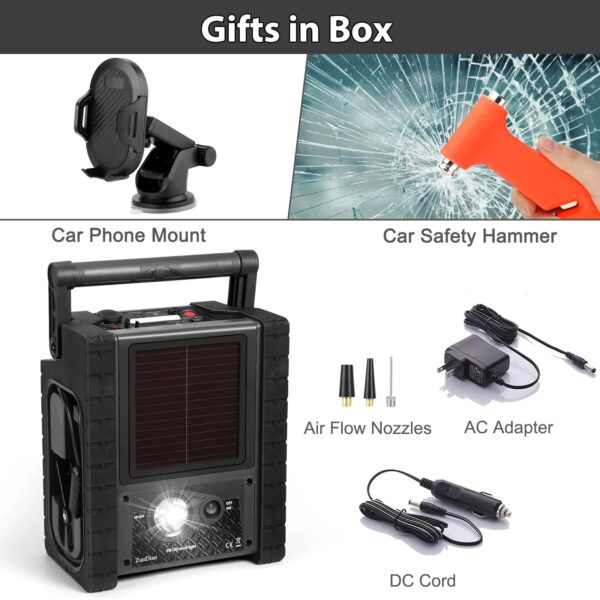 53a0c4425982400aa1d46681fea0abcb ZD-529 Solar Portable Power Station 2000 Amps Jump Starter, 260 PSI Air Compressor, 12V Car Battery Charger with 400W Inverter Dual AC/DC/USB Output, Emergency Backup Power with Flashlights