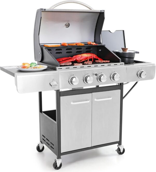 Burner Propane Gas BBQ Grill with Side Burner & Porcelain-Enameled Cast Iron Grates, 42,000 BTU Output Stainless Steel Grill for Outdoor Cooking Kitchen and Patio Backyard Barbecue-Captiva