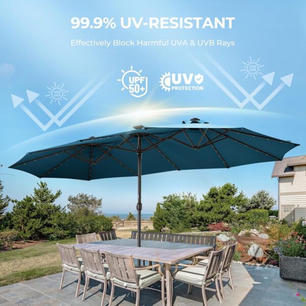 547a319f4f9144878648b4d976d1b2dc Double Sided Patio Umbrellas - 15ft Solar Lights LED Lighted Outdoor Extra Large Market Table Umbrella with Base Included, Oversized Umbrella for Deck, Pool, Backyard (Beige)