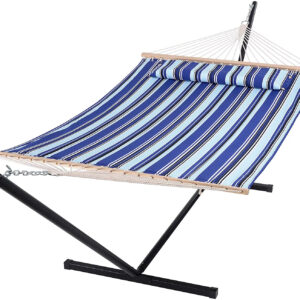 Two Person Hammock with Stand Heavy Duty, Free Standing Hammocks Outdoors for 2 Person, Max 475lbs Capacity, Blue Stripes