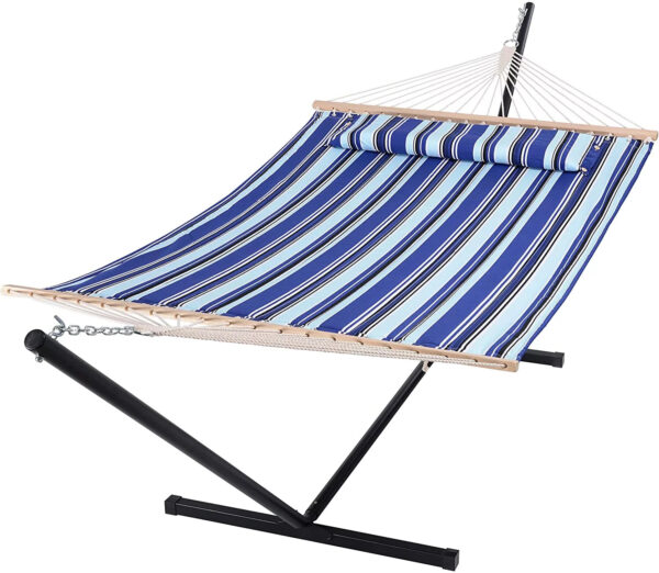 54b119294d9447e8aba3ca8a0d157f51 Two Person Hammock with Stand Heavy Duty, Free Standing Hammocks Outdoors for 2 Person, Max 475lbs Capacity, Blue Stripes